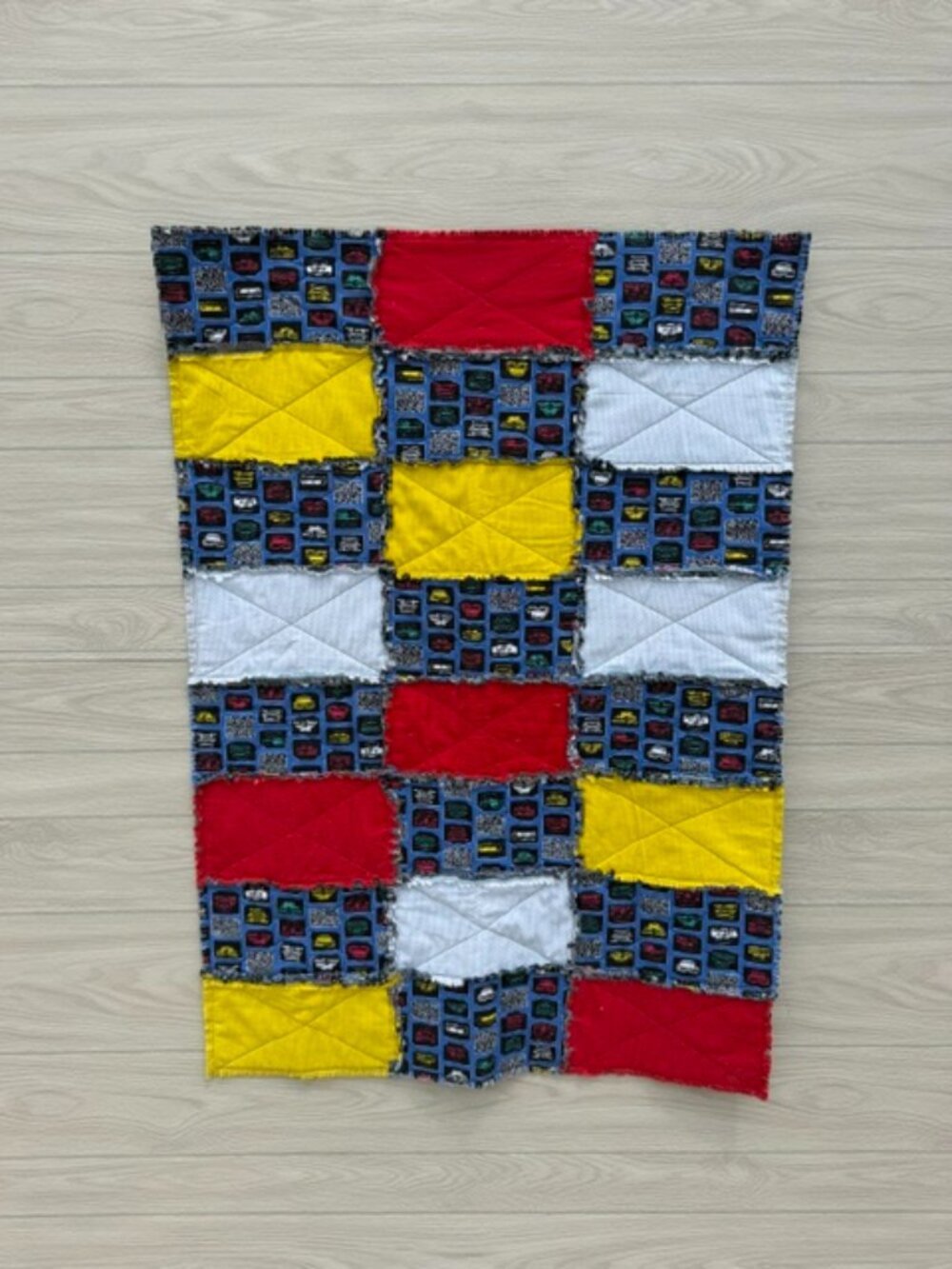 Homemade Small Blue, Red, Yellow & White Rag Quilt/Baby Blanket